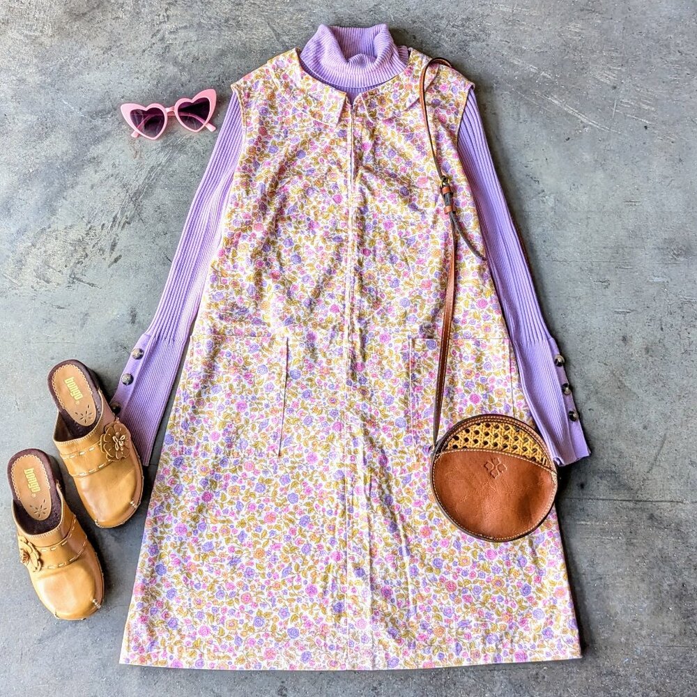 Vintage 60s Union Made Floral Purple Pink Yellow Collared Zip Shift Dress large
